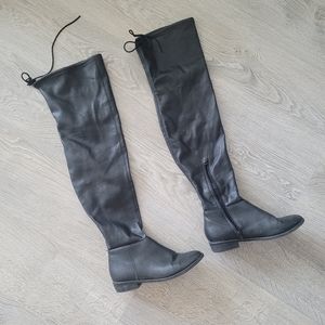 Over-the-knee High Faux Leather Black Boots with Ties